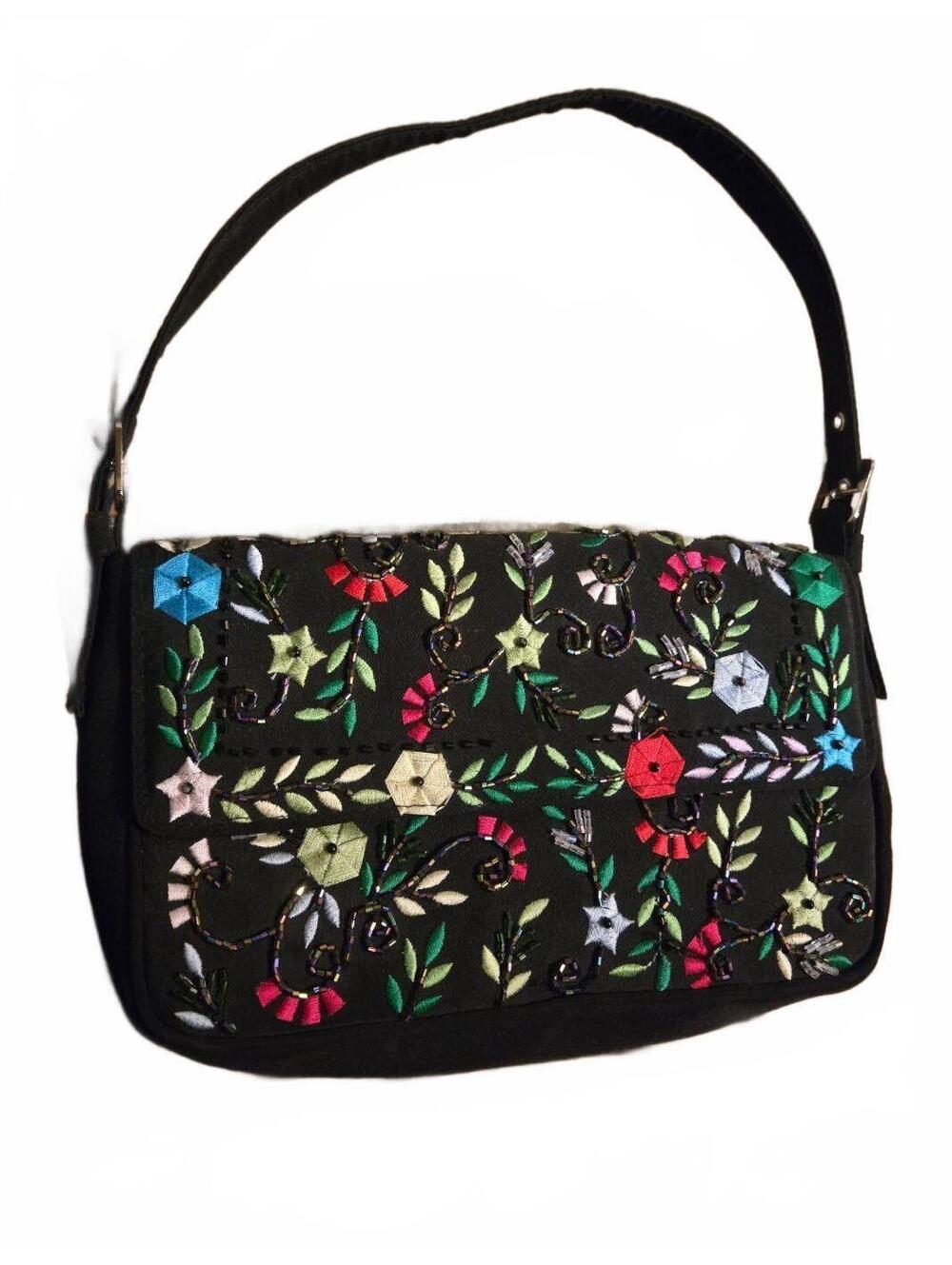 Black Embroidered Floral Shoulder Bag with Magnetic Closure